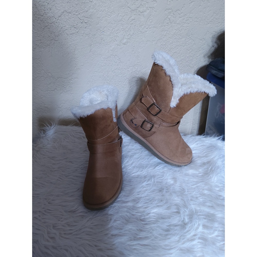 Airwalk Womens Tan Faux Suede Fur Lined Buckle Mid Calf Boots Size 6